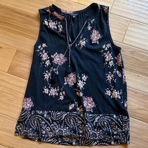 Lucky Brand Black Sleeveless Floral Tank with Tassel Tie